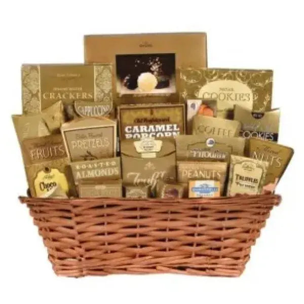 A gift basket filled with various gourmet snacks like crackers, cookies, nuts, and popcorn.