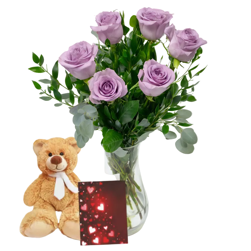 Half Dozen Lavender Roses Combo | 6 Roses, Teddy Bear & Card | Gift Set ...