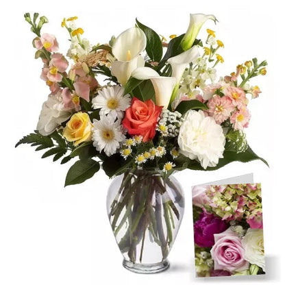 A vibrant bouquet of mixed flowers in a glass vase with a close-up inset of roses.