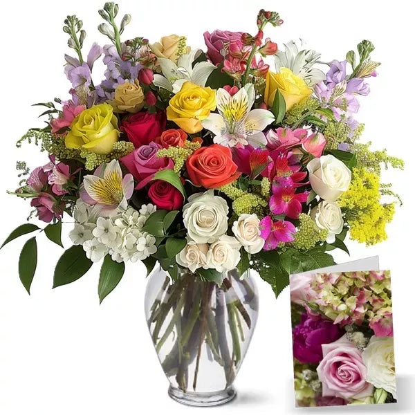 A vibrant bouquet of mixed colorful flowers in a glass vase, with a close-up inset image.