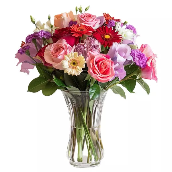 A vibrant bouquet of mixed flowers in a clear glass vase.