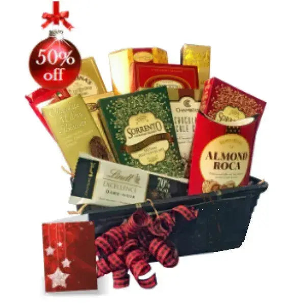 A festive gift basket with various packaged gourmet treats on sale at 50% off.