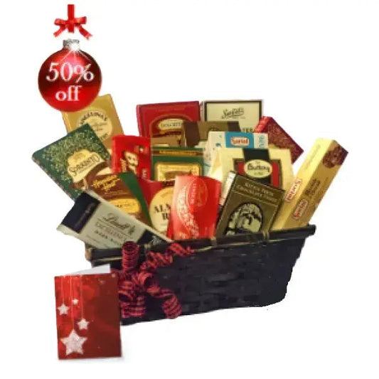 Gift basket with assorted chocolates and a "50% off" tag.