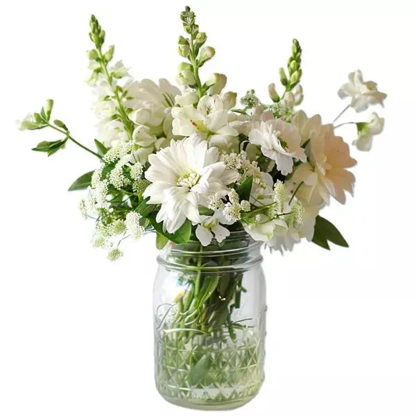 A bouquet of white flowers in a mason jar on a white background.