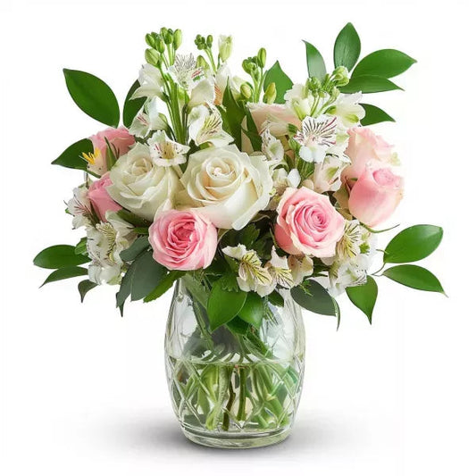 A bouquet of white and pink roses with greenery in a clear glass vase.