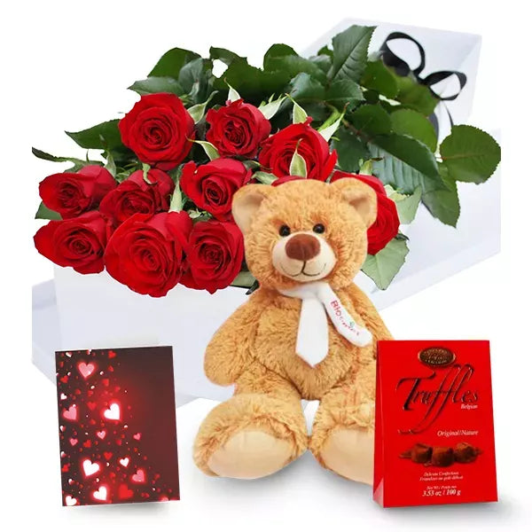 Dozen red roses, teddy bear, truffles gift box