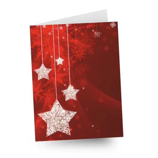 Red holiday card with sparkling stars and snowflakes.