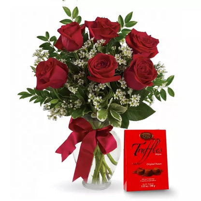 Half dozen long-stemmed red roses with truffles