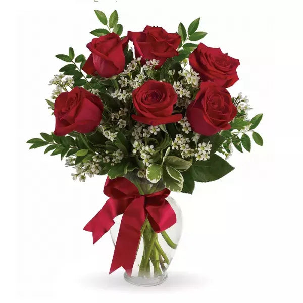 Half dozen red roses in a vase