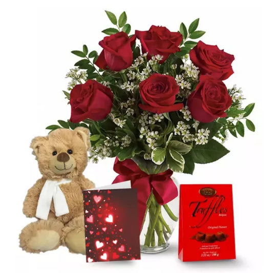 Half dozen sweetheart rose combo with teddy bear & truffles