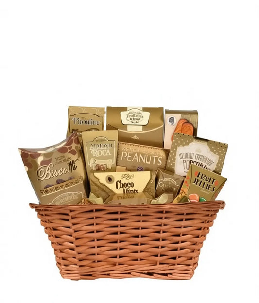 Wicker gift basket filled with various snack items