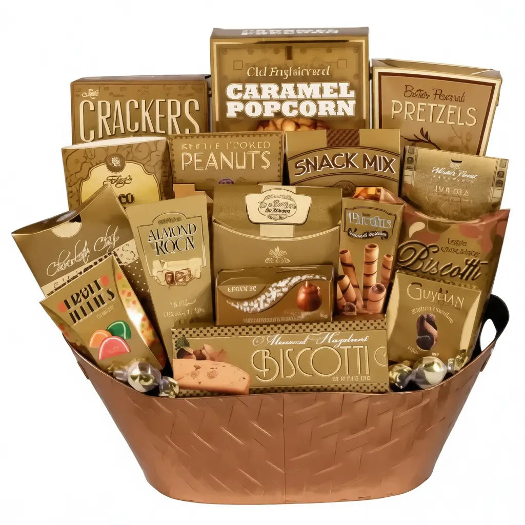 Gourmet snack basket with various packaged snacks