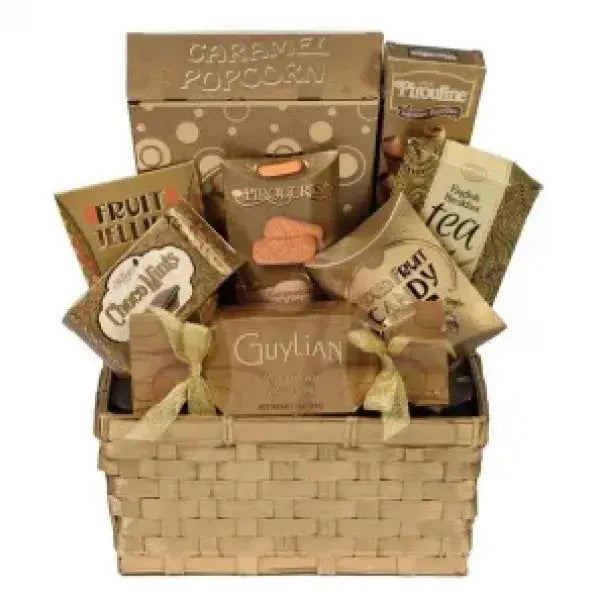 A wicker gift basket filled with assorted gourmet snacks and chocolates.