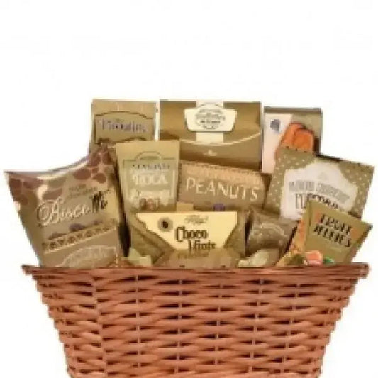 A wicker gift basket filled with assorted gourmet snacks and chocolates.