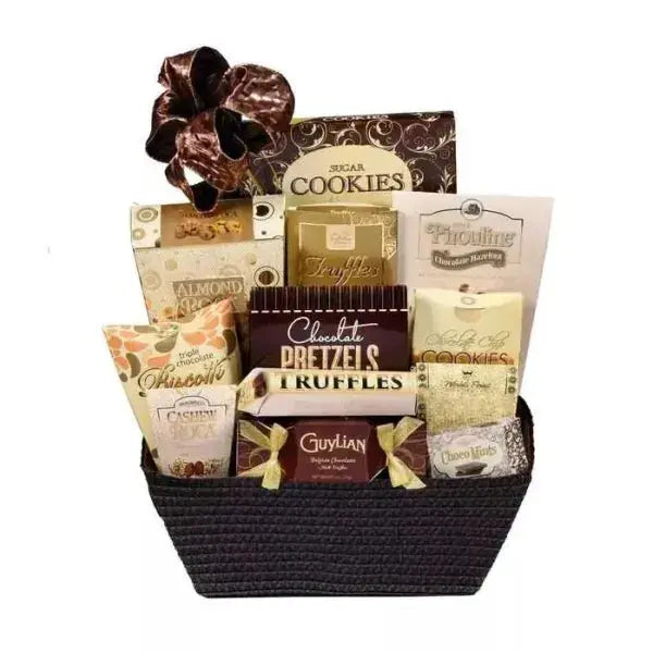 Assorted gourmet chocolates and cookies in a gift basket with a decorative bow.