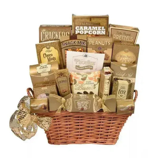 A wicker gift basket filled with various gourmet snacks and treats.