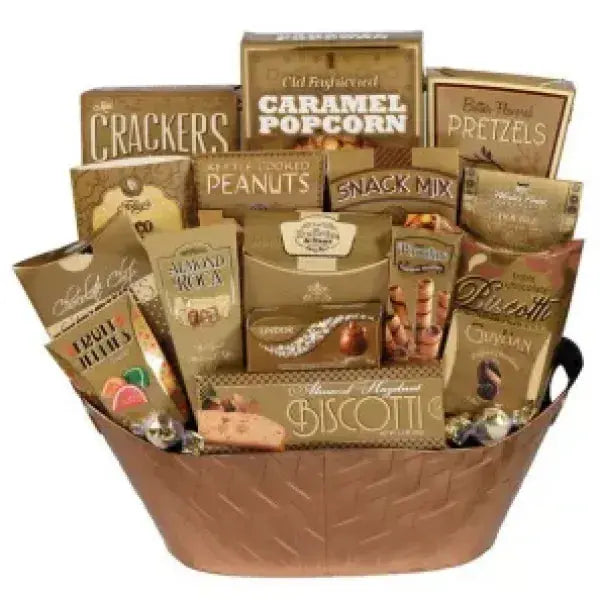 A gift basket filled with assorted gourmet snacks, including crackers, popcorn, and biscotti.