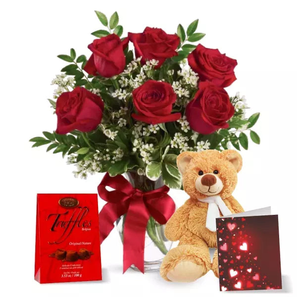 Red roses, teddy bear, and chocolates