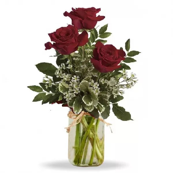 A bouquet of red roses with greenery in a glass vase.