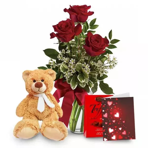 Red roses, teddy bear & truffles gift set