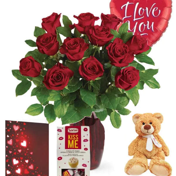 red roses, teddy bear & I Love You balloon