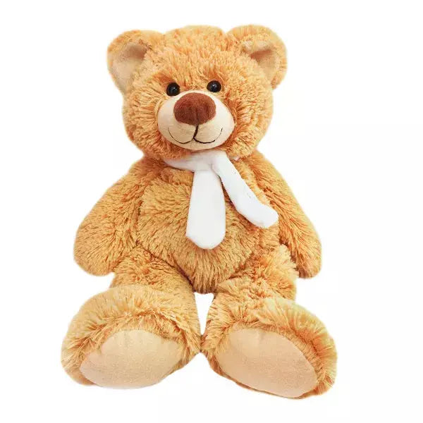 A plush teddy bear with a white scarf on a white background.