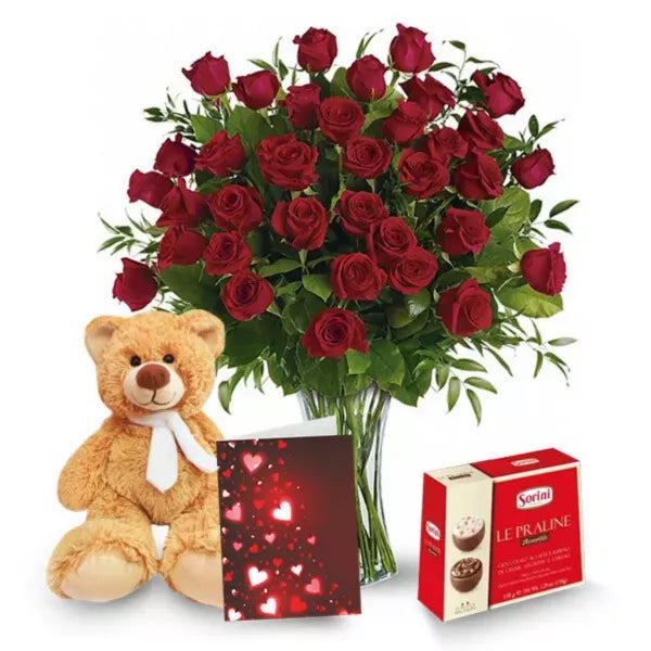 Three dozen long stem red rose combo with teddy bear & chocolate