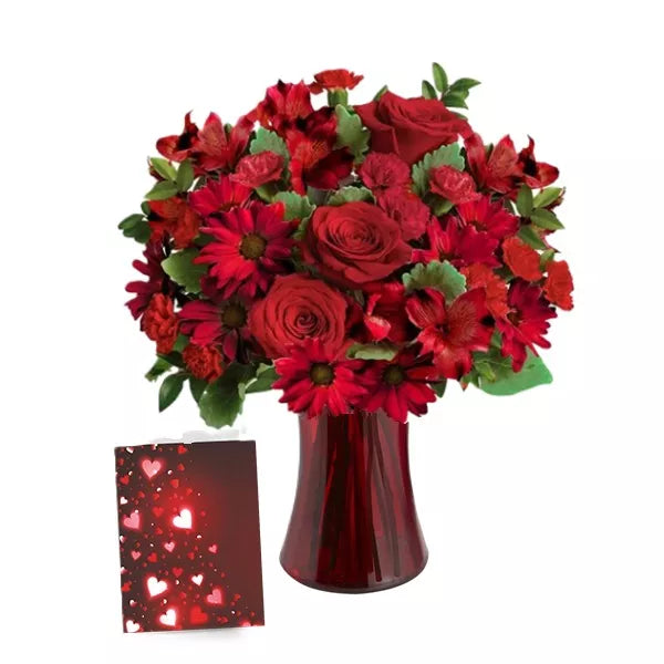 Valentines designer red roses bouquet & card